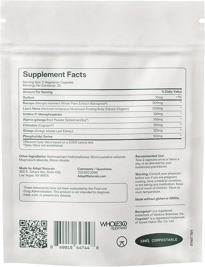 Adapt Naturals Luminous Mind Nootropic Brain Supplement with Ginkgo Biloba Bacopa and Lions Mane | Memory Focus Mental Clarity and Elevated Mood Support | No Caffeine Crash Free - 60 Days Supply