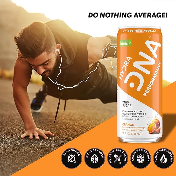 HYDRADNA- Clean Performance Drink Zero Sugar | For Natural Fuel Alertness Boost Stamina120 mg Organic Caffeine Natural Flavors Zero Sucralose Clean Ingredients (12 Pack) (12 Pack Orange)