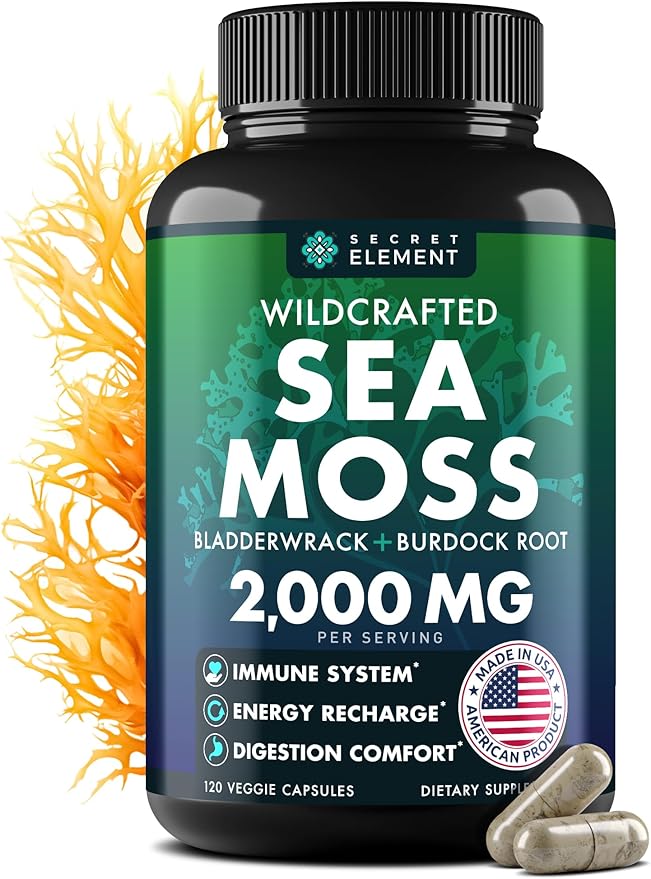 Secret Element Sea Moss Capsules with Burdock Root Bladderwrack &amp Muira Puama – Plant-Based Sea Moss Supplement with Raw Powder – 120 Capsules