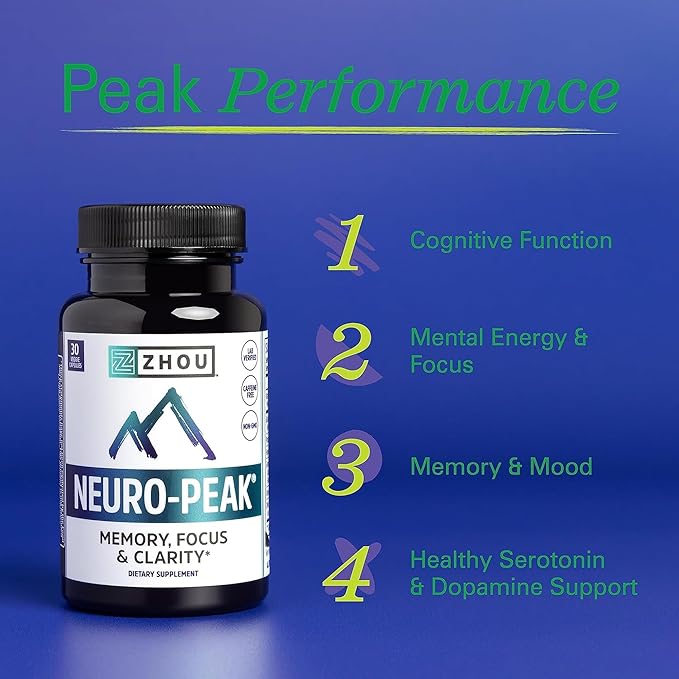 ZHOU Brain &amp Energy Support Bundle - Nootropic Brain Supplement for Memory &amp Focus 200mg L-Theanine &amp 100mg Caffeine Pills Natural Caffeine Boost - Energy + Focus (60 Caps) &amp Neuro-P