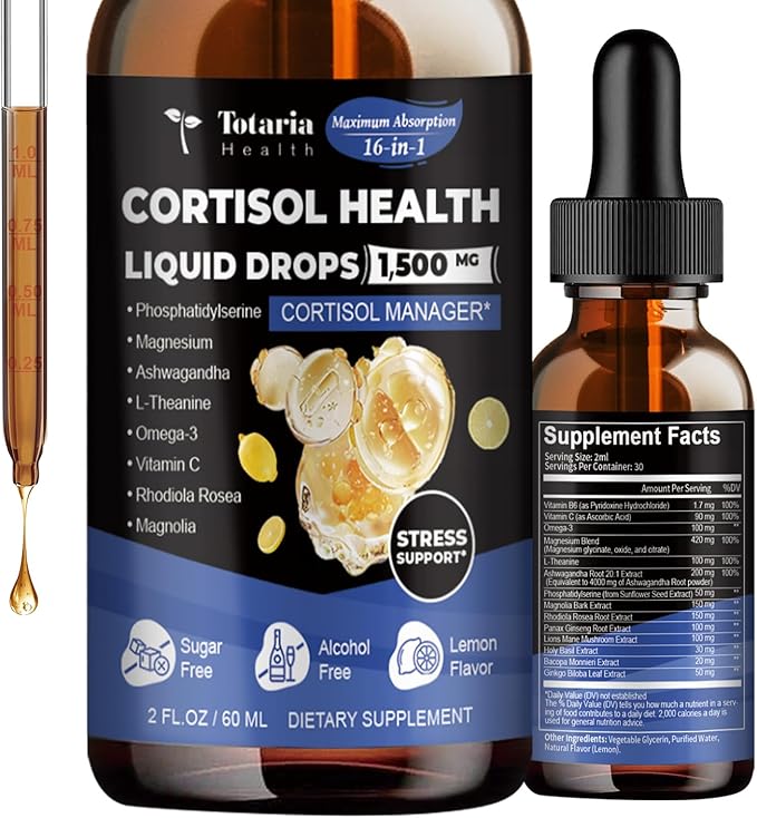 Totaria cortisol Supplement Liquid Drops Hormone Balance for Women Men with Magnesium ComplexAshwagandhaRhodiola RoseaL TheaninePhosphatidylserine Supplements Mood Focus Sleep Support 2 FL.OZ