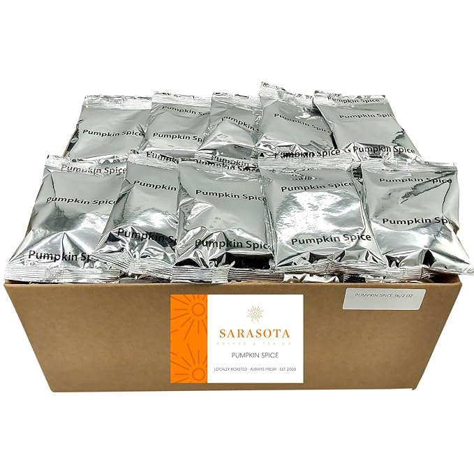 Sarasota Coffee Ground Packets | Gourmet Flavored Medium Roast Bulk Coffee Packs | Pumpkin Spice | Low Acid Mold Free Singles Individual Pouches for 12 Cups Maker | 2 Ounce Bags 36 Count