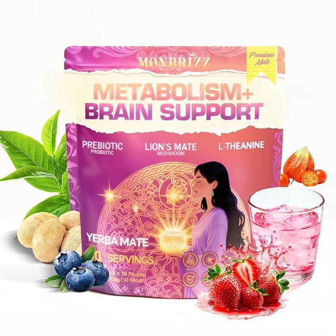 Monbrizz Instant Yerba Mate PowderMental Clarity SupplementNatural Coffee Alternative For EnergyLion's Mane L-TheanineProbiotic rebiotic Drink Nootropic Drink For Focus And Gut HealthLow Sugar