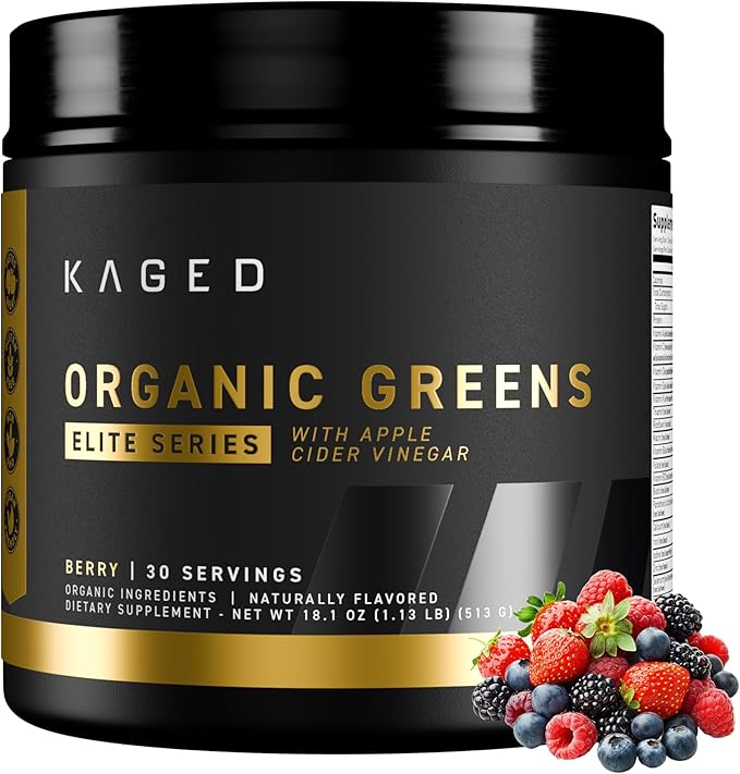 Kaged Organic Greens Elite Superfood and Greens Powder with Apple Cider Vinegar Adaptogen Prebiotics Vitamins &amp Minerals Berry 30 Servings