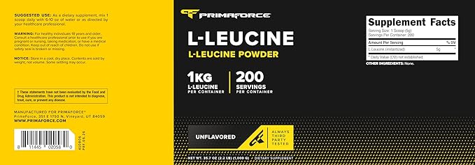 Primaforce L-Leucine Pure Powder 1 KG (2.2lbs) - Non-GMO Gluten Free 200 Servings
