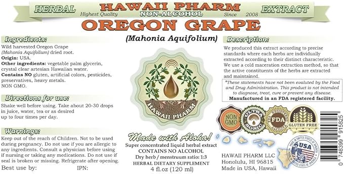 Hawaii Pharm Oregon Grape Alcohol-Free Liquid Extract Oregon Grape (Mahonia aquifolium) Dried Root Glycerite Natural Herbal Supplement USA 2x32 fl.oz