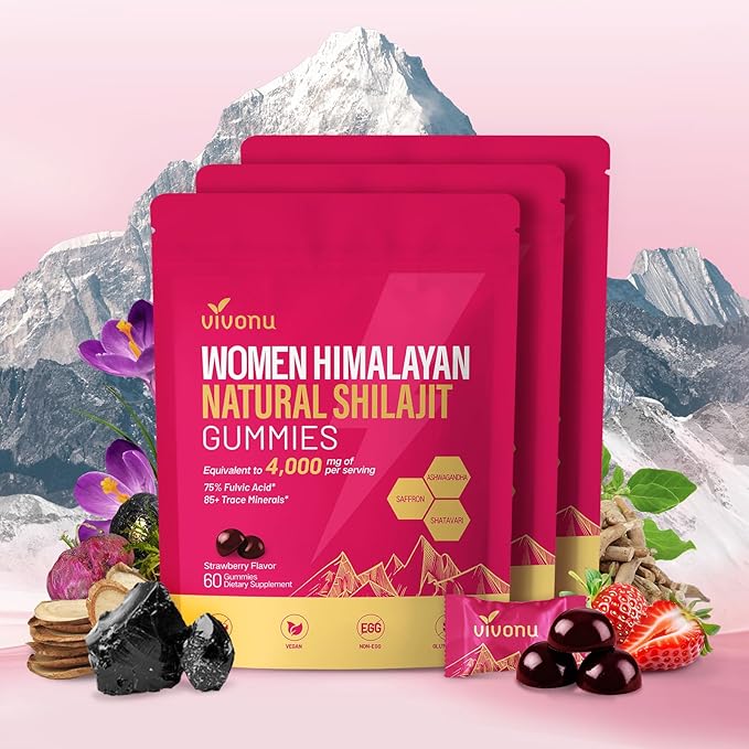 Shilajit for Women Gummies micronutrient Supplement Pure Himalayan Shilajitn Contains Tongkat Ali Ashwagandhaa Turmeric Saffron for hormonal Balance &amp Energy | Strawberry Flavor (120 Gummies