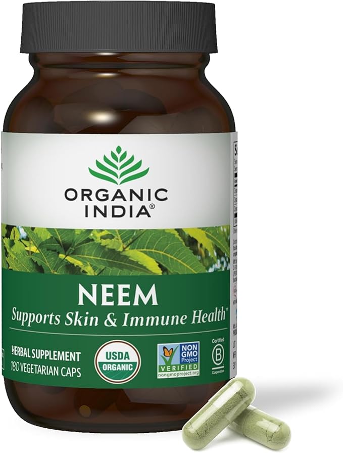 ORGANIC INDIA Neem Leaf Capsules Herbal Supplement - Supports Skin Immune &amp Liver Health Detox Vegan Gluten-Free USDA Certified Organic - 180 Capsules
