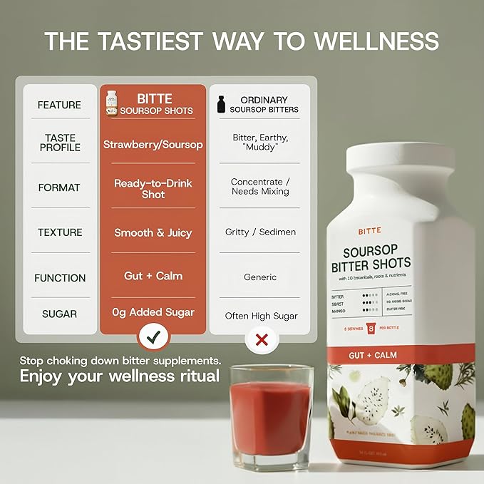 bitte Strawberry Soursop Digestive and Calm Shot 3 Pack - Ready to Drink Herbal Blend with Ginger and Chamomile - Vegan Zero Sugar and Gluten Free - 3 x 16 Fl Oz Bottles