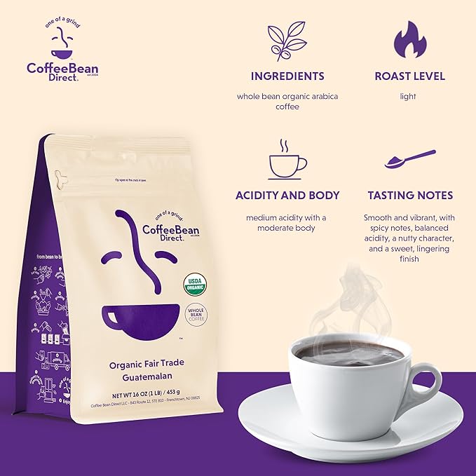 Coffee Bean Direct Organic Fair Trade Guatemalan Whole Bean Coffee Light Roast 1 Pound Bag (Pack of 1)