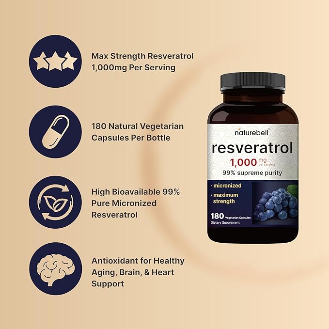 NatureBell Resveratrol - 180 Vegetarian Capsules - 1000mg Polygonum Cuspidatum Extract - Antioxidant Support - Heart Brain &amp Immune Wellness*