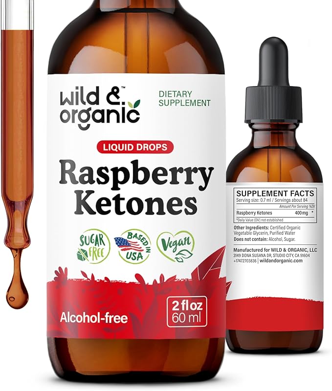 Wild &amp Organic Raspberry Ketones Extract Tincture - Liquid Raspberry Ketones Supplement - 2-Month Supply - Vegan Sugar &amp Alcohol-Free - 2 fl oz