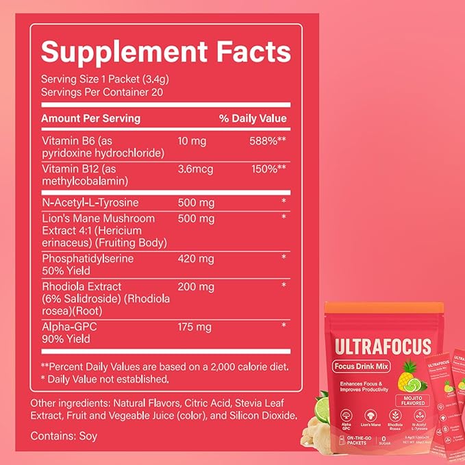 Ultrafocus Drink Mix - Mojito Flavor Ultrafocus Drink With L-Tyrosine Alpha-Gpc Lion's Mane &amp Rhodiola Enhance Focus &amp Motivation Improve Mental Clarity Sugar-Free (20 Packets) (1)