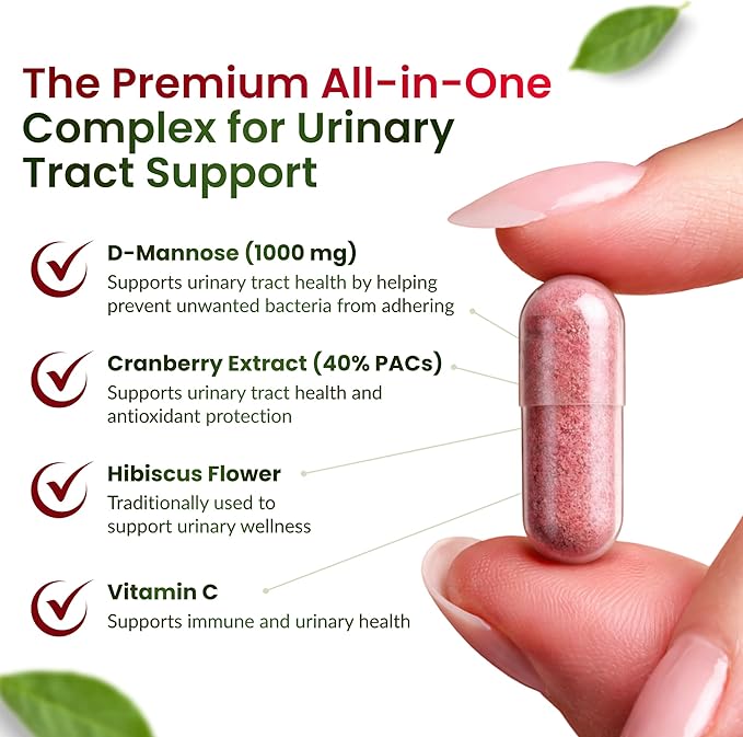 ForestLeaf D Mannose Supplements for Women &amp Men - D-Mannose 1000mg Capsules with Cranberry Hibiscus &amp VIT C - DMannose Pills for UTI Urinary Tract &amp Bladder Support - 120 Caps