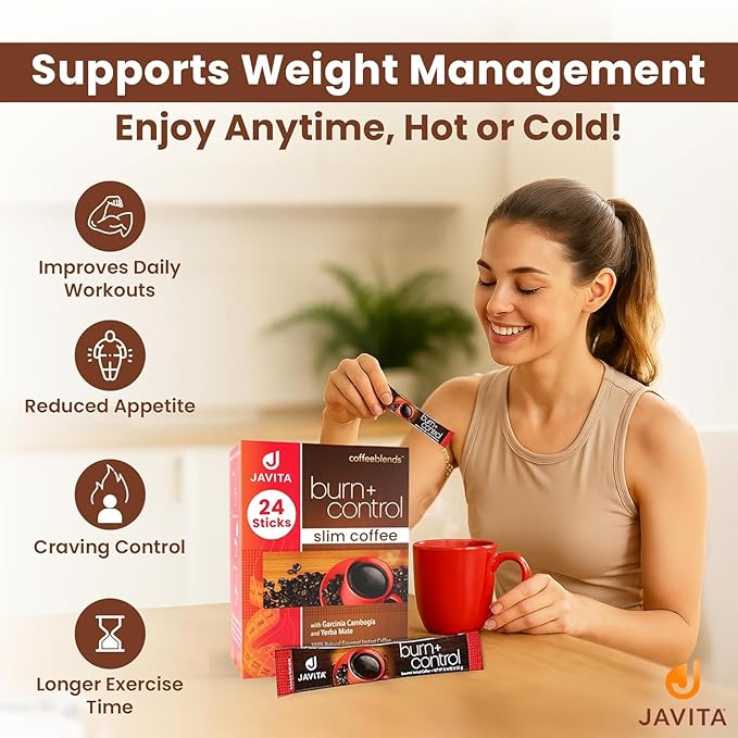 Burn + Control Instant Coffee – Smooth Arabica Blend with Garcinia &amp Yerba Mate – Supports Metabolism &amp Daily Energy – Convenient Slim-Style Coffee Mix (4 box/96 serv.)