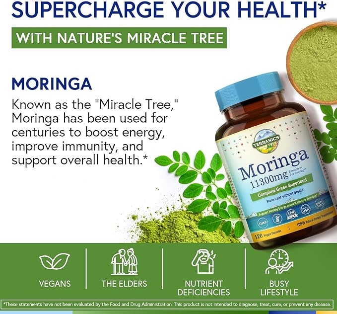 Terranics Multi Collagen Peptides Powder Type I II III V X &amp Moringa Capsules Bundle Hydrolyzed Collagen + 11300mg Pure Moringa Leaf Powder – 16oz Powder + 120 Capsules