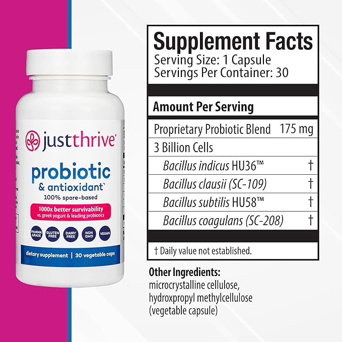 Just Thrive Probiotic &amp Antioxidant Supplement - 100% Spore-Based Digestive and Immune Support - Gluten Free 30 Caps