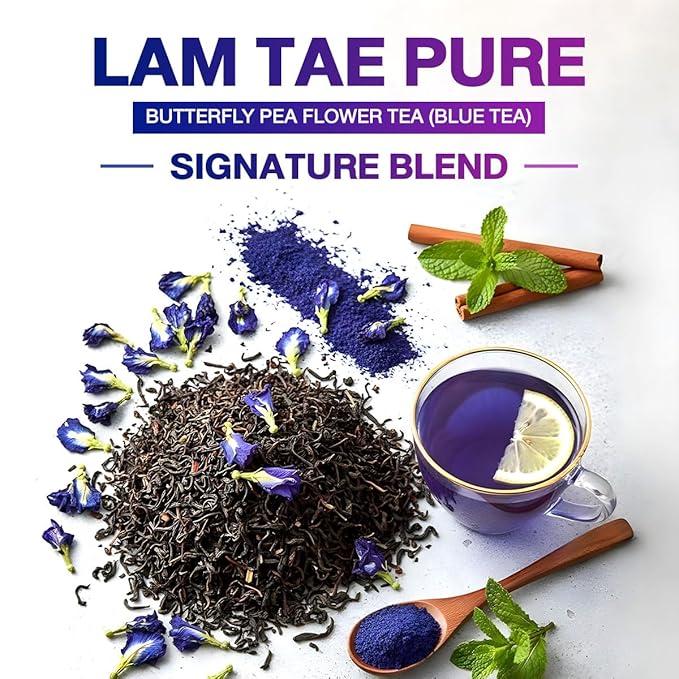 Lam Tae Pure Butterfly Pea Flower Tea (Blue Tea) Color Changing Naturally Grown Thai Herbal Tea Blend with Assam Leaves Lam Tae Signature Recipe – 100% Natural Color Pesticide-Free Antioxidant-R