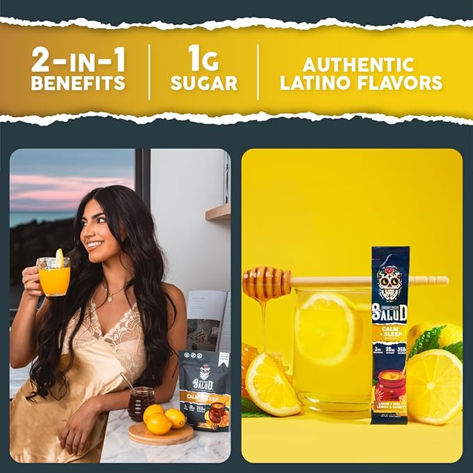 Salud 2-in-1 Sleep Aid + Calm Drink Mix Lemon Honey Flavor Melatonin Magnesium Saffron Extract L-Theanine Non-GMO Gluten Free Vegan Low Calorie 1g of Sugar (15 Servings)