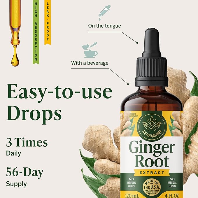 HERBAMAMA Ginger Drops - Vegan Digestive Support &amp Overall Well-Being with Ginger Root Extract Tincture - Non-GMO Alcohol &amp Sugar-Free Liquid Antioxidant Supplement 56-Day Supply