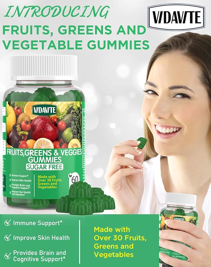 Sugar-free Super Greens Gummies — US-Made 35+ Fruit and Veggie gummies to Boost Immunity Skin &amp Gut Health — Ideal Fruits and Vegetables Supplement for Adults &amp Picky Teens (30-Days Supply)