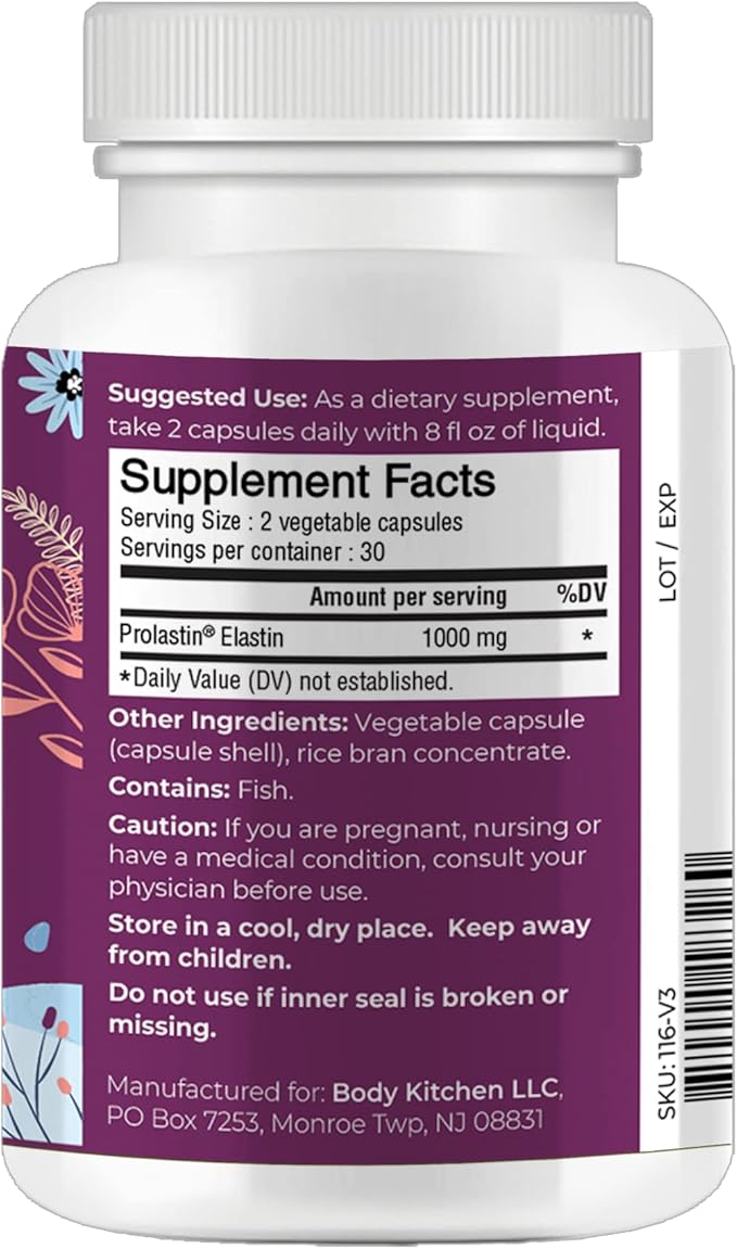 Body Kitchen Pro-Elastin 1000 mg Elastin Supplement Reduce Signs of Aging Improved Skin Health Firmness &amp Elasticity Fewer Wrinkles Veggie Caps (Pack of 3)