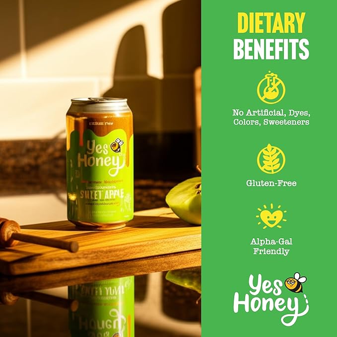 Yes Honey Soda Sweet Apple 11oz (12-Cans) Alpha Gal Friendly 100% Honey-Sweetened Healthy Soda Gluten Free Caffeine Free No Added Sugar
