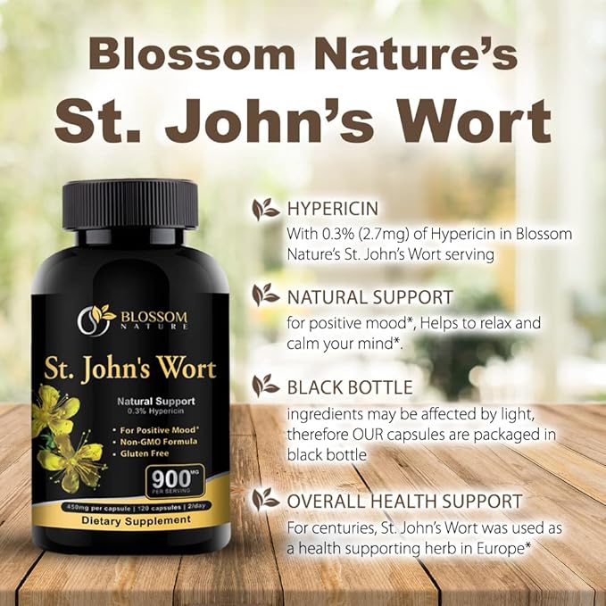 St Johns Wort 900mg-Mood Support Supplement*-Calm Supplements*-120 Vegetable St Johns Wort Capsules(2 Month Supply)450mg of Vegan Non-GMO St. John's Wort (Hypericum Perforatum)0.3%Hypericin per Cap