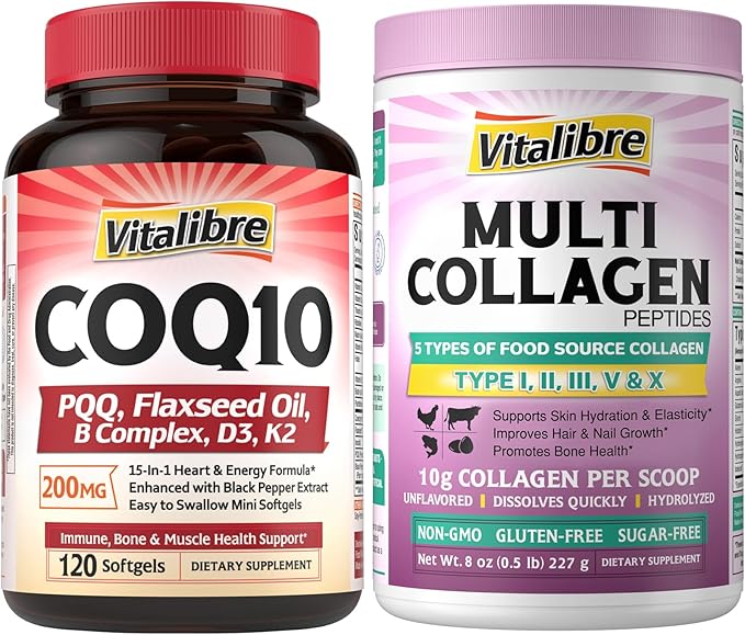 CoQ10 200mg Ubiquinone with PQQ Folate Niacin K2 D3 Black Pepper Powerful Antioxidant Energy Booster 120 Softgels and Multi Collagen Peptides Powder Type I II III V X 8oz