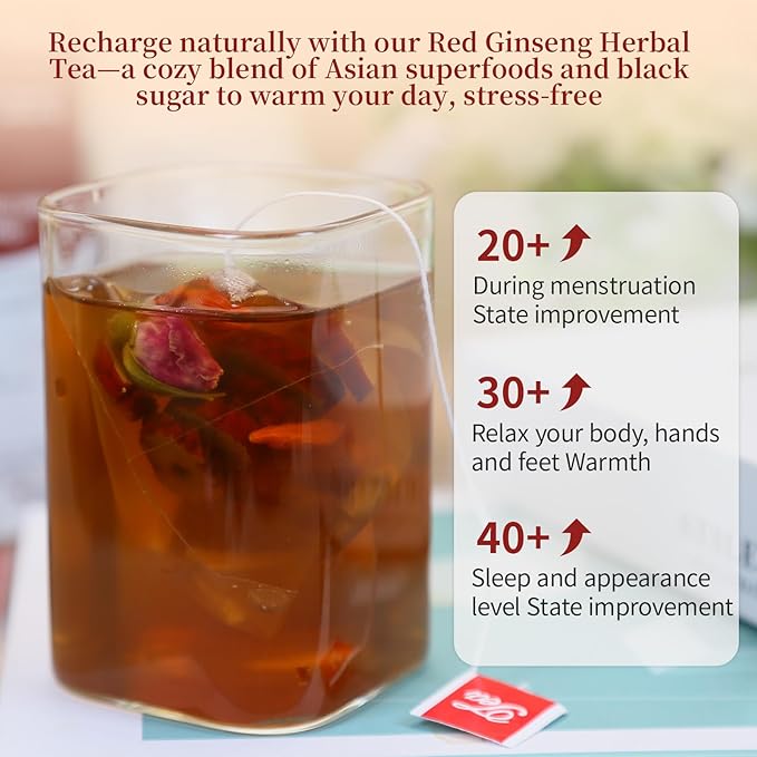 Baihuatang Brown Sugar Red Ginseng Ginger Tea 60 Bags (21oz) with Red GinsengLongan black sugar red dates goji berries rose flowers gingerCaffeine Free Warm Beverage