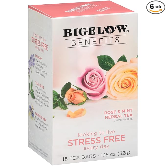 Bigelow Benefits Stress Free Rose &amp Mint Herbal Tea Caffeine Free 18 Count (Pack of 6) 108 Total Tea Bags