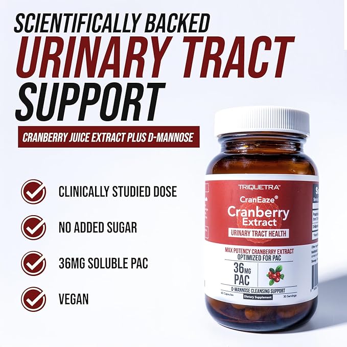 CranEaze®: Cranberry Juice Extract Plus D-Mannose – 36 mg PAC 100% Soluble PAC - Supports Urinary Tract Health – Most Effective Cranberry Pills for Women UTI Cranberry Supplement - 2-Pack