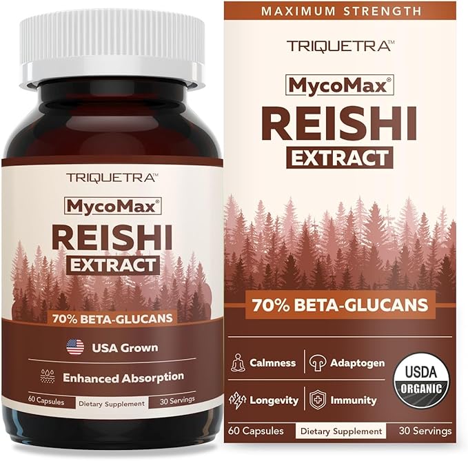 Organic Reishi Mushroom Capsules Extract - 70% Beta Glucans - Highest Active Nutrient Levels Max Potency US Grown + Ultrasonic Extraction - Energy Immunity Sleep and Stress - 60 Capsules