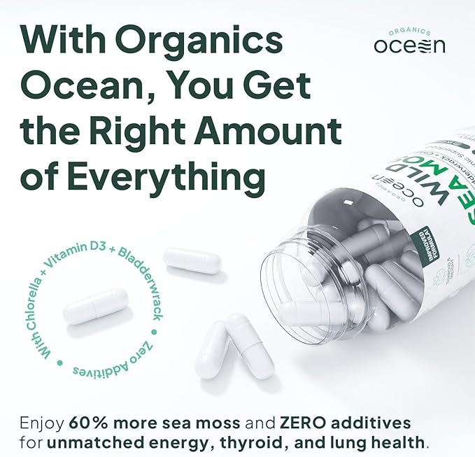 Organics Ocean Wild Sea Moss Capsules - 100% Organic Irish Sea Moss with Organic Chlorella Bladderwrack and Vitamin D for Energy Lung Health and Thyroid Support for Women and Men - 6 Bottles