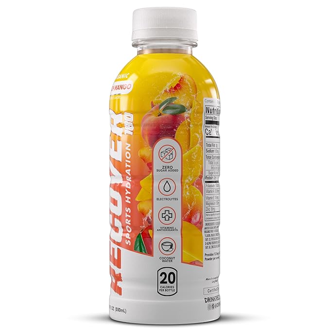 RECOVER 180 Organic Sports Hydration Drink No Sugar Added 20 Calorie Sports Beverage Organic Flavors With Vitamins Potassium-Packed Electrolytes (16.9 Fl Oz (Pack of 12) Peach Mango)
