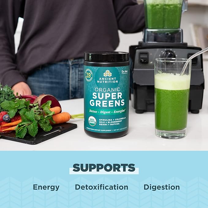 Ancient Nutrition Super Greens Powder Organic Superfood Powder with Probiotics Made with Spirulina Chlorella Matcha and Digestive Enzymes 25 Servings 7.05oz