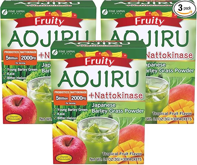 FINE JAPAN Green Aojiru Young Barley Grass Powder with Fruits and Nattokinase Powder juice &amp Smoothie Mix Superfood Vitamin Probiotics (154gr/5.4 oz/30 packets) (Pack of 3) Made in Japan