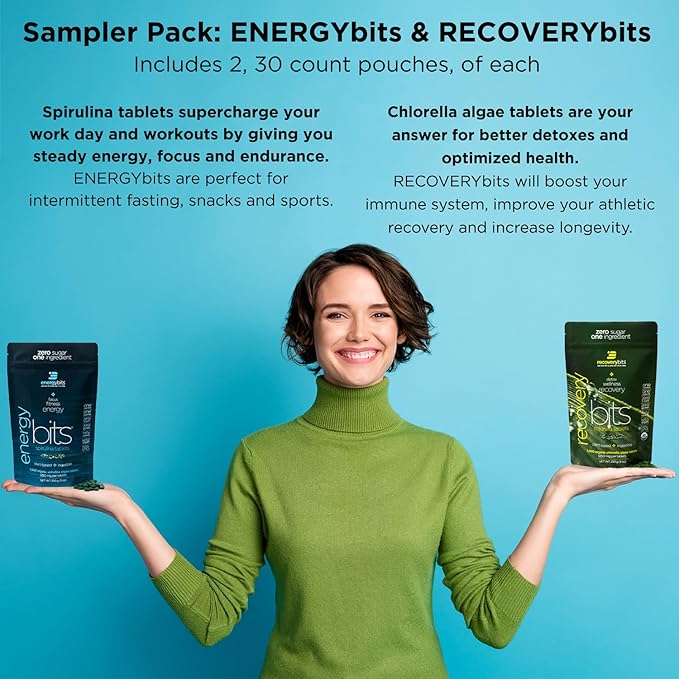 ENERGYbits/RECOVERYbits - Organic Spirulina &amp Chlorella Tablets - Single Serving Sample Packs - Algae Superfood - High Protein Chlorophyll - Self Care - Vegan Keto Gluten Free - 4 Bags 30/Bag
