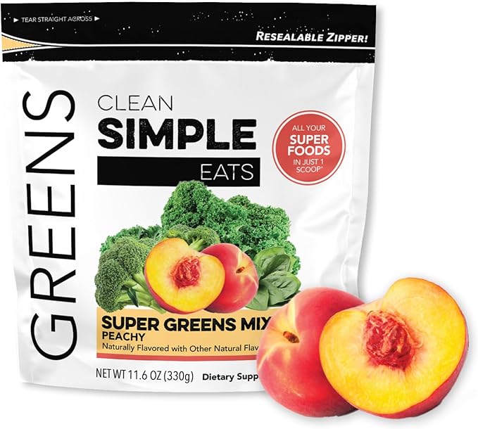 Clean Simple Eats Super Greens Powder Naturally Flavored Greens Powder with Chlorella Spirulina Superfoods &amp Prebiotic Fiber No Artificial Ingredients Gluten Free Peachy Greens Flavor 30 Sr