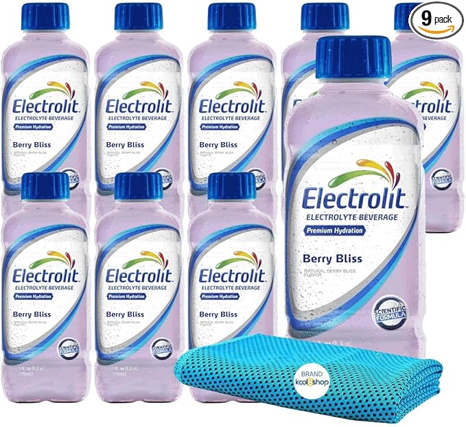 Electrolit Berry Bliss Hydration Drink with Electrolytes 21 fl oz Plastic Bottles 9 Pack + 1 Microfiber Cooling Towel by KOOL8SHOP Infinite Deals