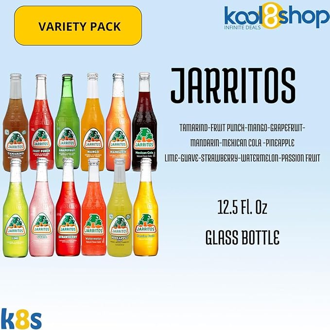 Jarritos Variety Pack Mexican Soft Soda Drink 12 fl oz Glass Bottles 12 Pack + 15 Sugarcane Disposable Straws by KOOL8SHOP Infinite Deals