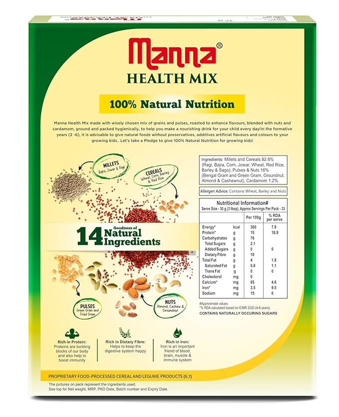 Manna Health Mix | 100% Natural Multigrain Nutrition Drink Kids | Multi Millet Health Drink Mix Powder 2kg (1kg x 2 Packs) | Sathu Maavu | Porridge