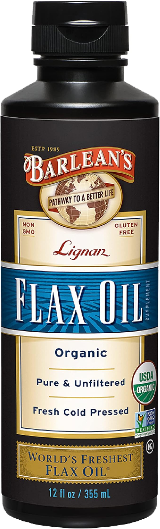 Barlean's Organic Lignan Flaxseed Oil Liquid Supplement from Cold Pressed Flax Seeds 7230 mg ALA Omega-3 Fatty Acids for Healthy Hair Skin and Eyes Gluten Free 12 oz