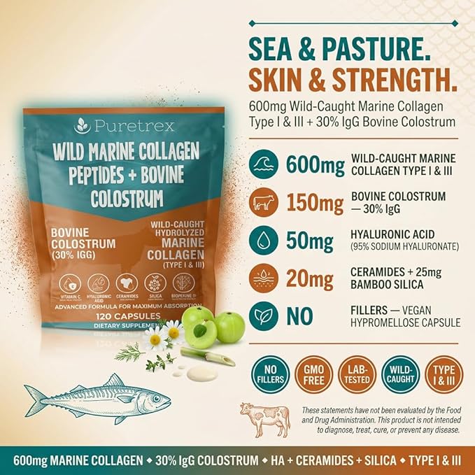 Wild Marine Collagen Peptides with Bovine Colostrum 120 Capsules Advanced Formula for Skin Joints Gut Health Immunity Support GMO-Free