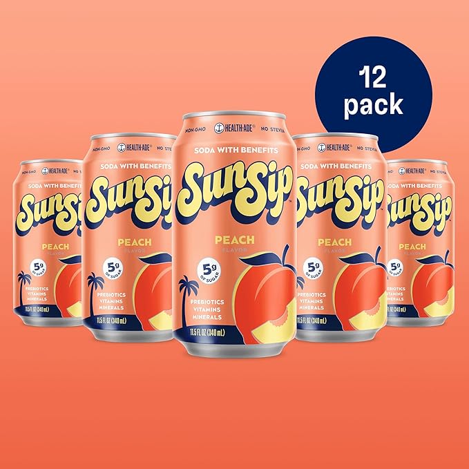 SunSip Prebiotic Soda by Health-Ade Better-for-You Soda Swap Beverage with Vitamins &amp Minerals Naturally Sweetened with 5g of Sugar Peach 11.5 oz (12 Pack)