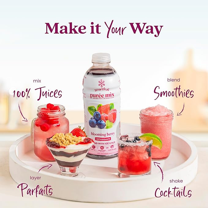 Smartfruit Blooming Berry + Antioxidants – 100% Real Fruit Purée with Strawberries Blueberries Raspberries – Great for Smoothies Juice Yogurt Cocktails Teas &amp More – High in Vitamin A &amp