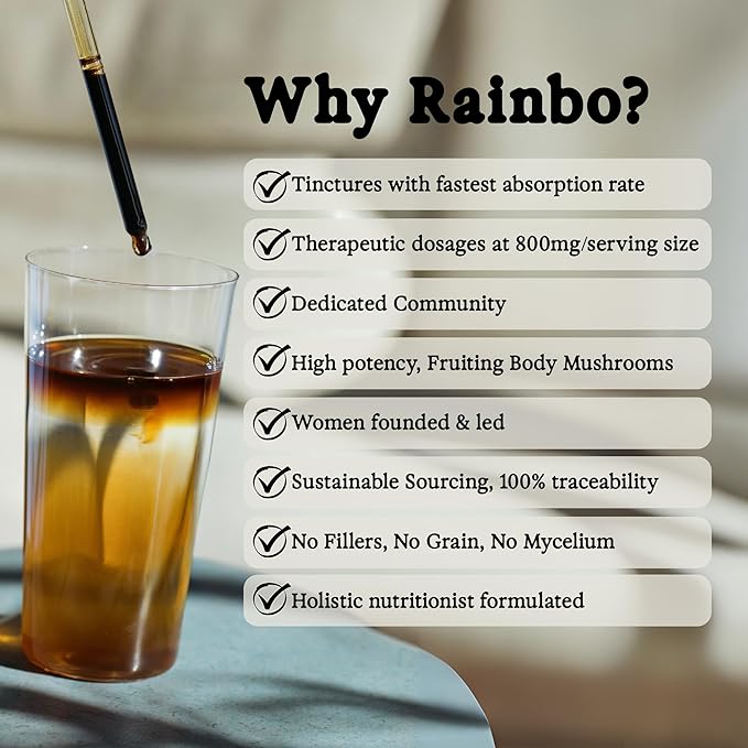 Rainbo - Lion's Mane Mushroom Tincture - Alcohol Free - Dual Extract Mushroom Supplement - Brain Support Focus Memory Liquid Lion's Mane Supplement Vegan Non-GMO 3.4 fl oz.