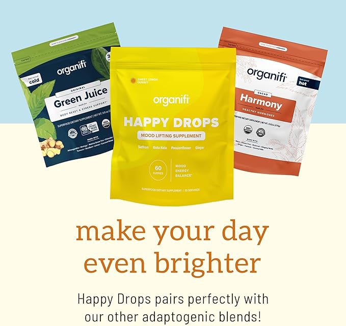 Organifi Happy Drops - Daily Superfood Happy Gummies for Adults - Mood Support Supplement for Balance Bliss Energy and Taking the Edge Off - Sweet Lemon Flavor - 60 Gummies