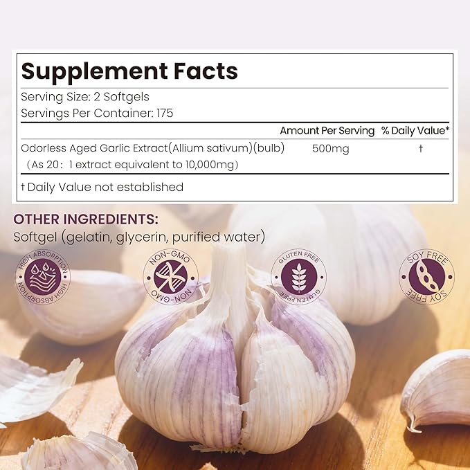 10000mg Aged Garlic Extract | 350 Softgels | Odorless Garlic Supplements | Antioxidant Support &amp Cognitive Function | Pure Allium Sativum 20:1 Extract | Non-GMO Gluten-Free