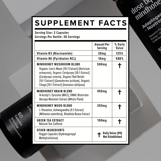 MINDHONEY | DOSE 60 Count Premium All-in-One Nootropic Brain Supplement | Focus Mood Energy &amp Memory | Functional Mushrooms &amp Adaptogens - Lion’s Mane Ashwagandha L-Theanine Bacopa &am